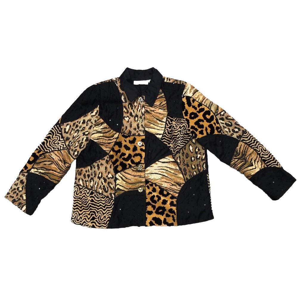 Vintage ANAGE Jacket XL Black Animal Print Patchwork Sequins Beaded Art Boho